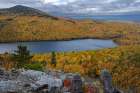 USA, Maine. Fall foliage and view of South Branch Pond from Traveler Mountain, Baxter State Park. Art Print